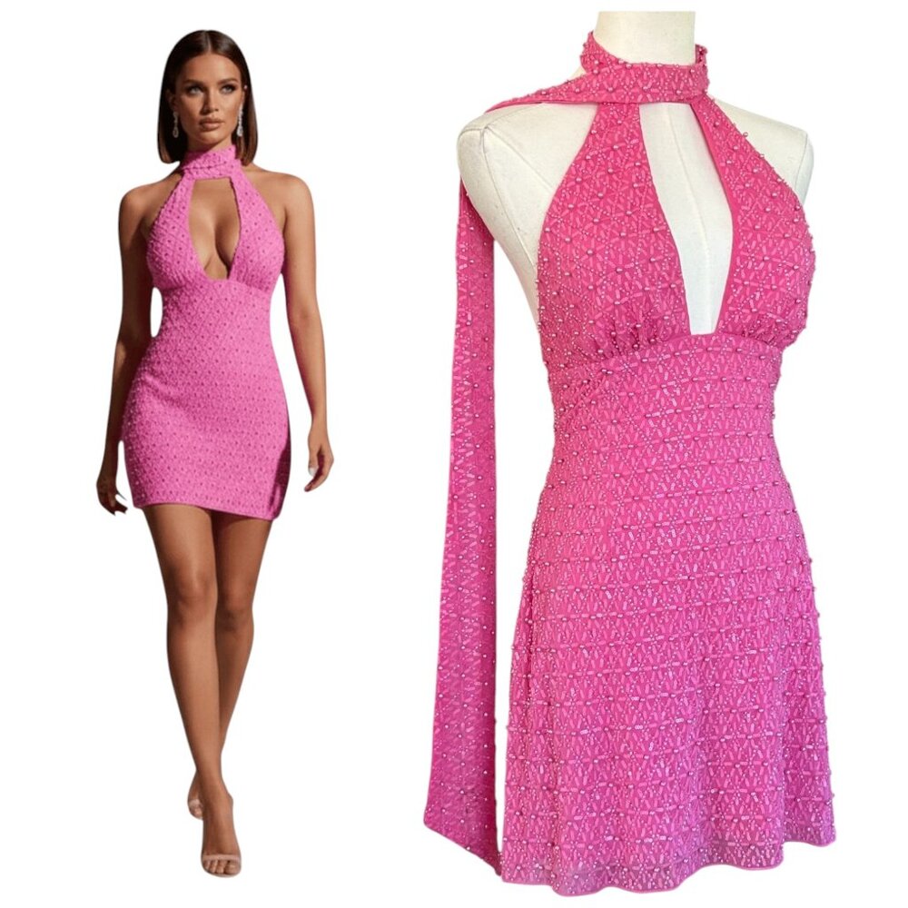 Oh Polly Hot Pink Embellished Halter Mini Dress